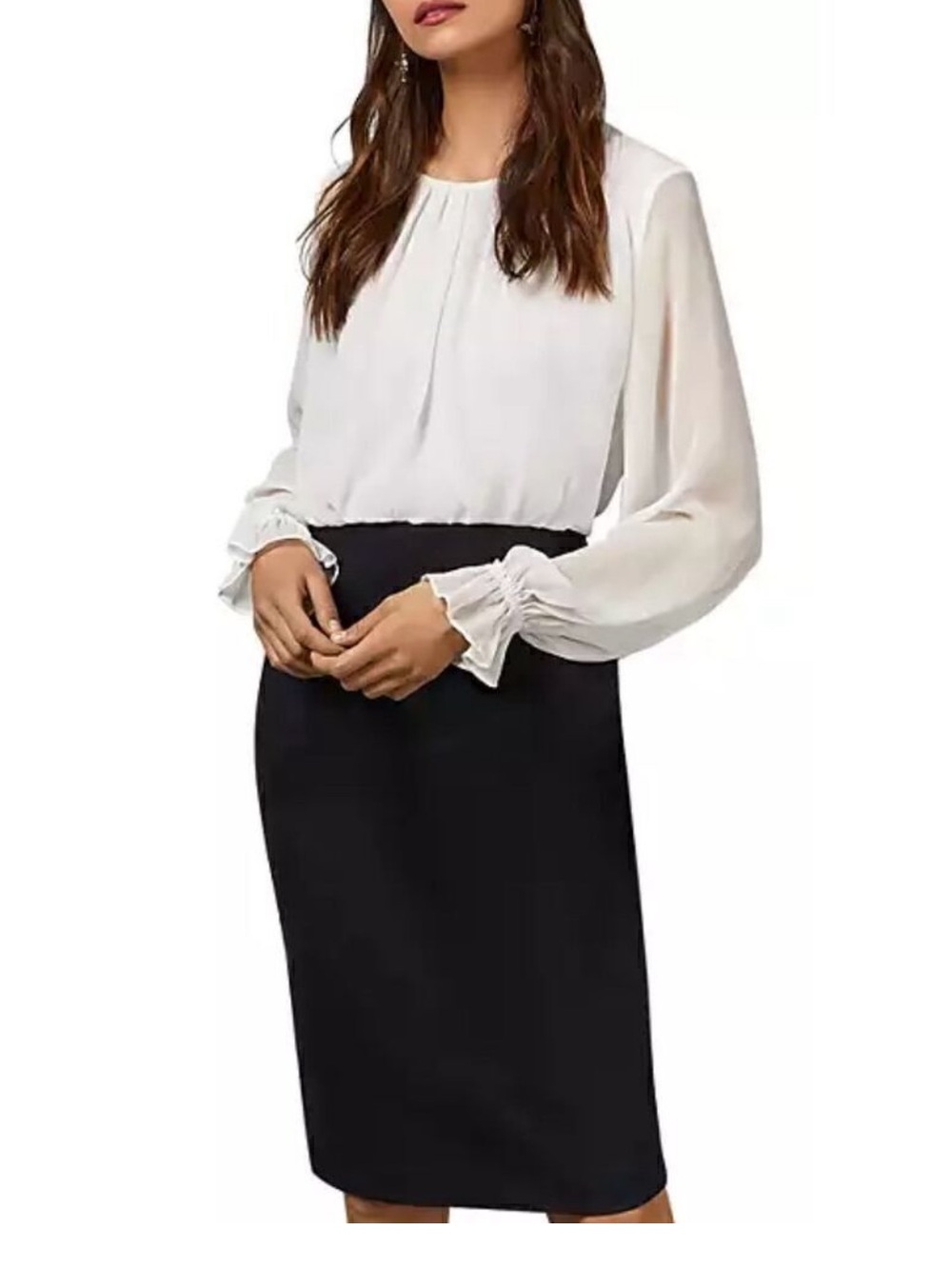 Ted Baker Lizzata Dress with Dark Blue Pencil Skirt & White Long Sleeve Top Sz 8